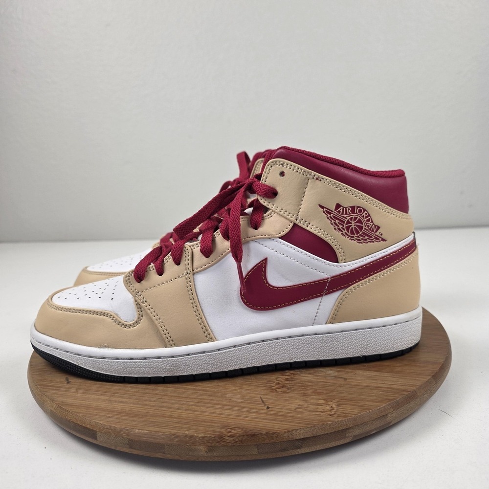 Air Jordan 1 Mid Shoes Mens Size 10.5 Tan Red White Leather Sneakers 554724-201 - Picture 1 of 16